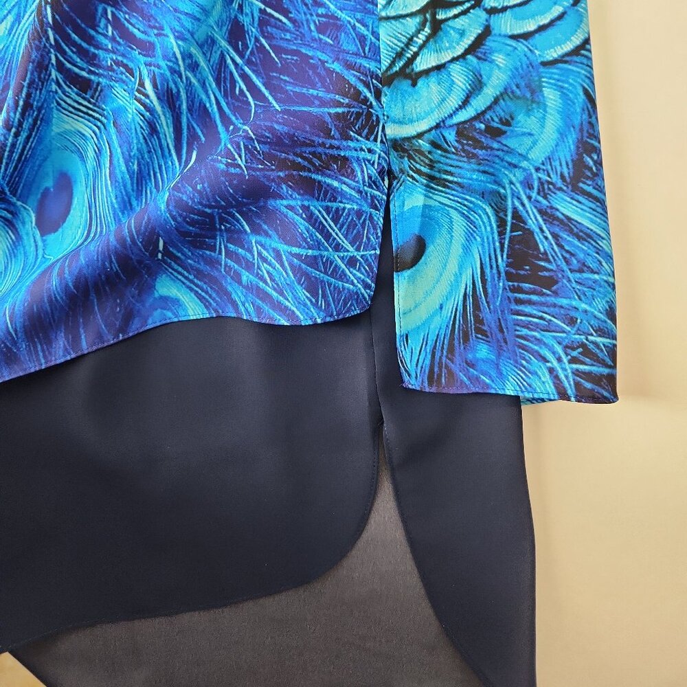 Elie Tahari vibrant blue peacock feather print top lightweight dual-layer S - Picture 7 of 12